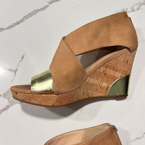 Cole Haan | Women’s Irving Gold Tan Nude Leather Cork Wedge Sandals Size 9B - Picture 12 of 16